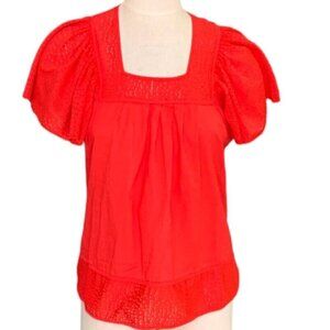 Pepin Cotton Laser-Cut Lace Flutter Sleeve Peasant Top L Red #133E